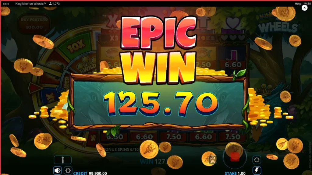 Kingfisher on Wheels slot game featuring a crowned kingfisher and a fortune wheel