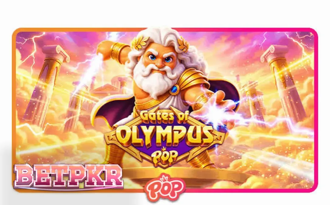 Gates of Olympus POP سلاٹ گیم کا ایک متحرک منظر جس میں دیوتا زیوس اور سنہری خزانے نظر آ رہے ہیں۔